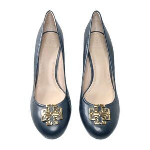 Tory Burch Wedge Shoes Women's Size 11 M Navy Blue Leather Pumps Closed Toe